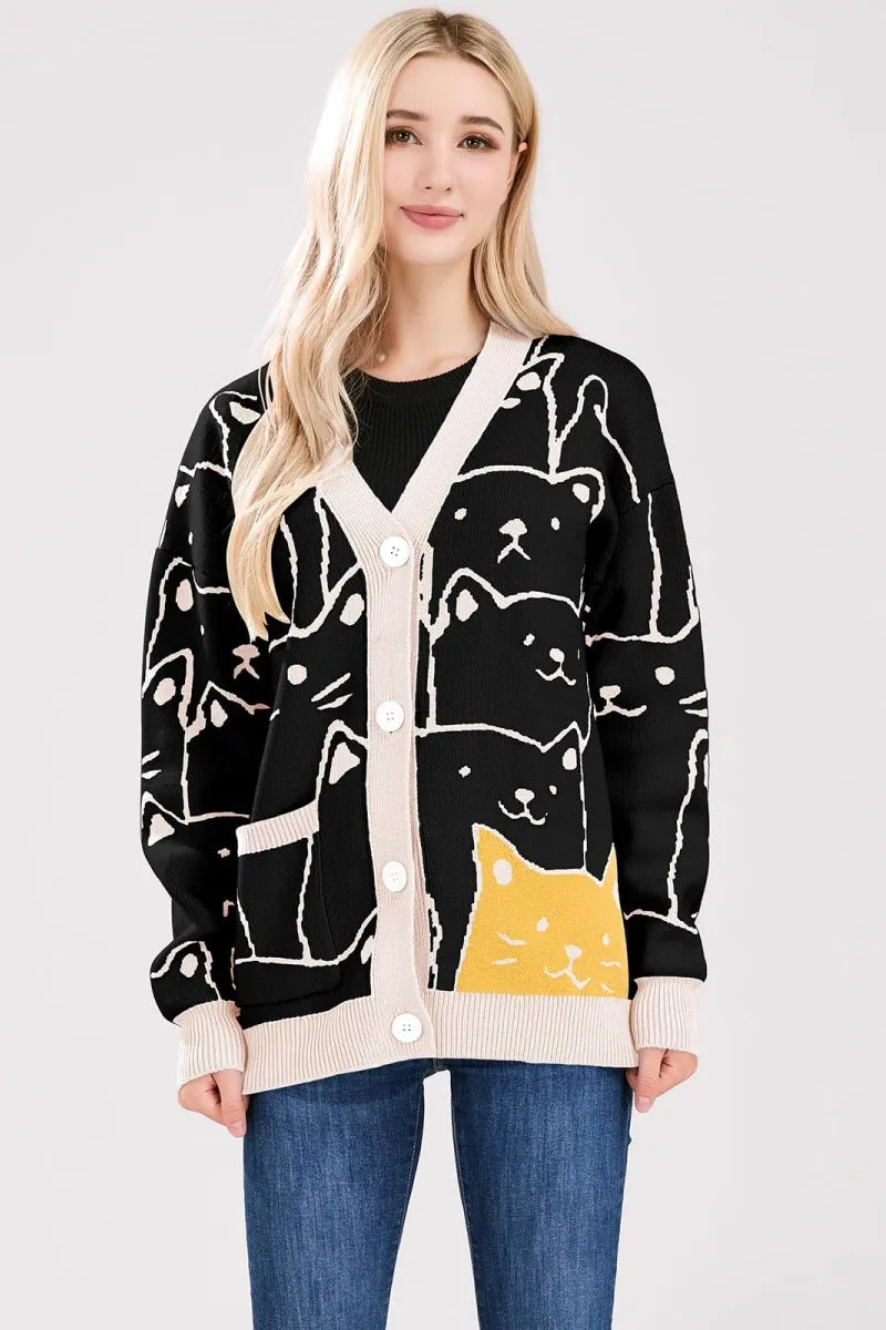 Chouyatou Women's Kawaii Cartoon Cat Cardigan Japanese Aesthetic Button Down Jacquard Knit Sweater Coat