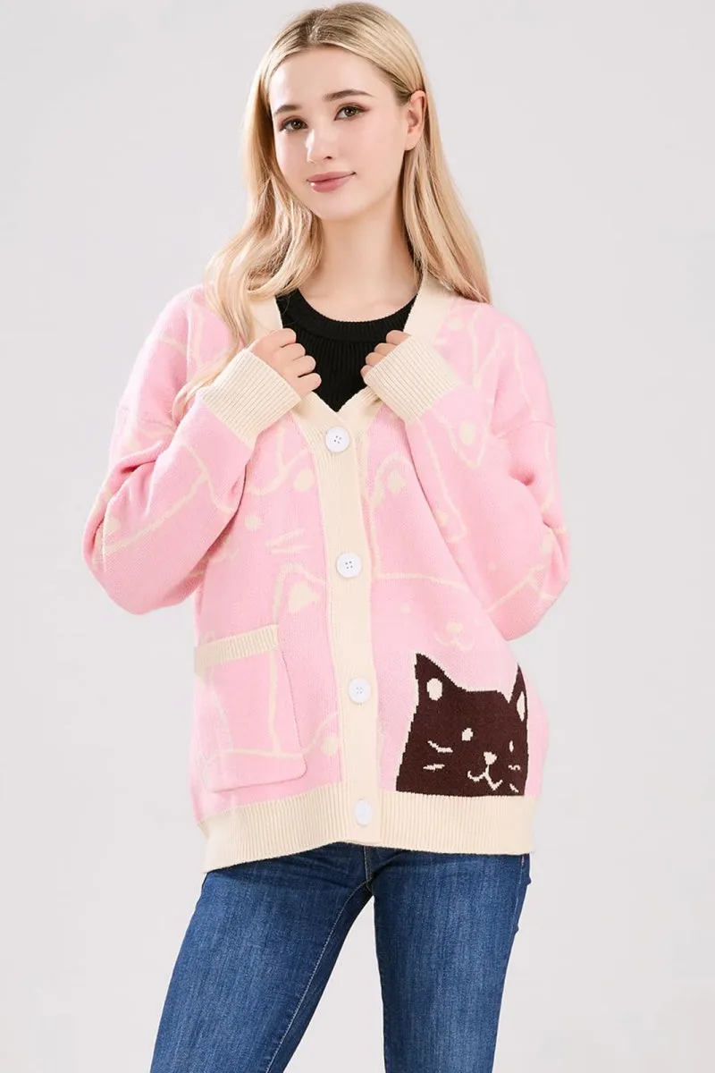 Chouyatou Women's Kawaii Cartoon Cat Cardigan Japanese Aesthetic Button Down Jacquard Knit Sweater Coat