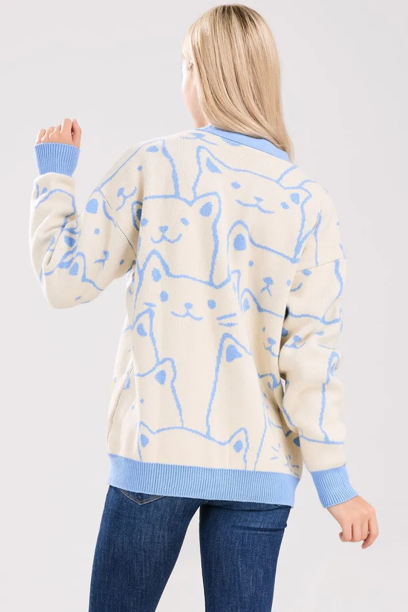 Chouyatou Women's Kawaii Cartoon Cat Cardigan Japanese Aesthetic Button Down Jacquard Knit Sweater Coat