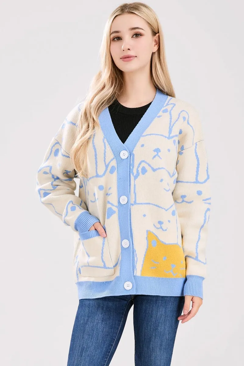 Chouyatou Women's Kawaii Cartoon Cat Cardigan Japanese Aesthetic Button Down Jacquard Knit Sweater Coat