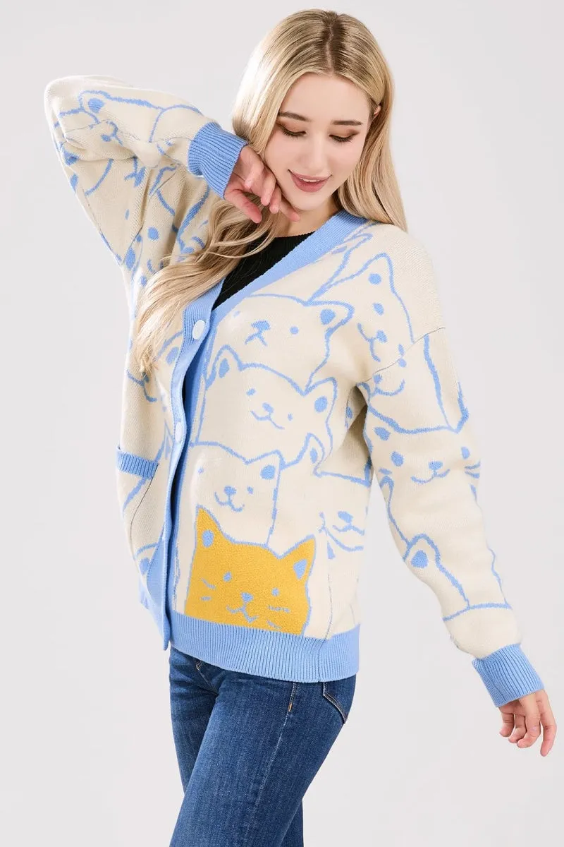 Chouyatou Women's Kawaii Cartoon Cat Cardigan Japanese Aesthetic Button Down Jacquard Knit Sweater Coat