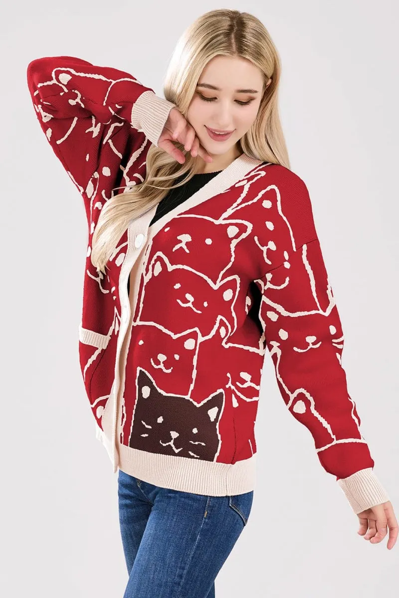 Chouyatou Women's Kawaii Cartoon Cat Cardigan Japanese Aesthetic Button Down Jacquard Knit Sweater Coat