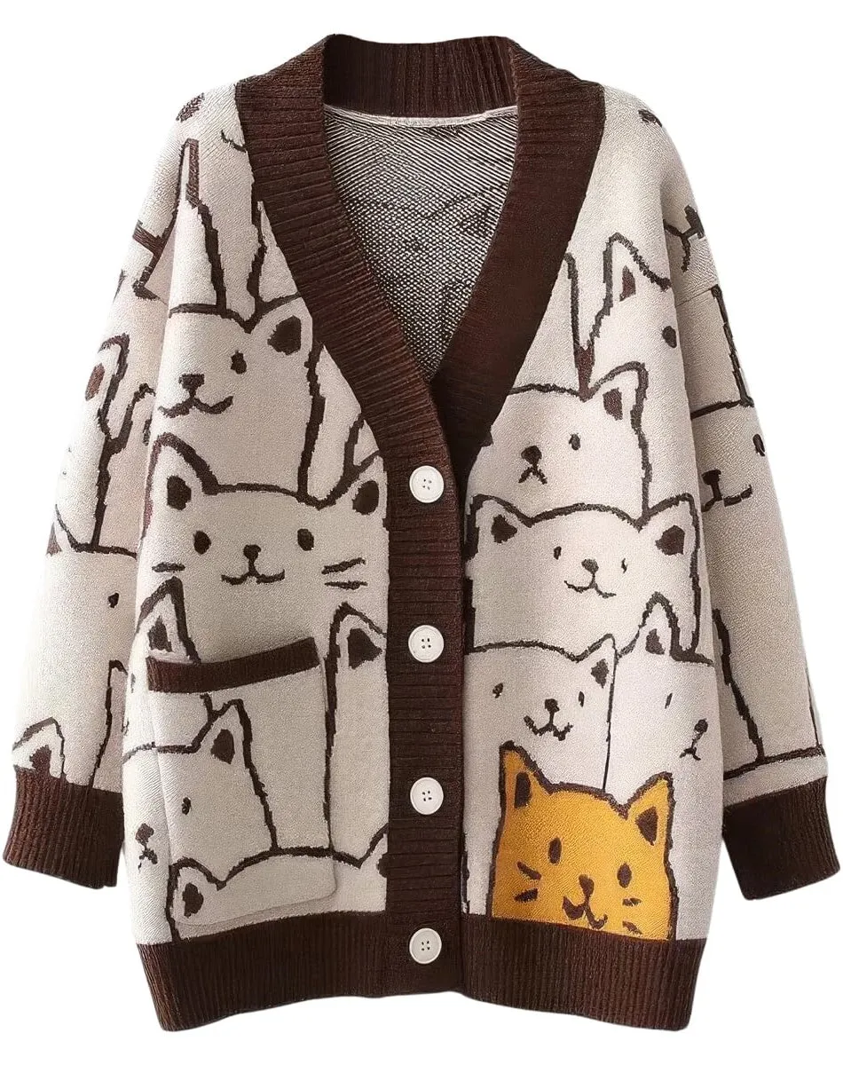 Chouyatou Women's Kawaii Cartoon Cat Cardigan Japanese Aesthetic Button Down Jacquard Knit Sweater Coat
