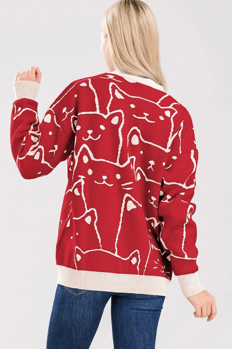 Chouyatou Women's Kawaii Cartoon Cat Cardigan Japanese Aesthetic Button Down Jacquard Knit Sweater Coat