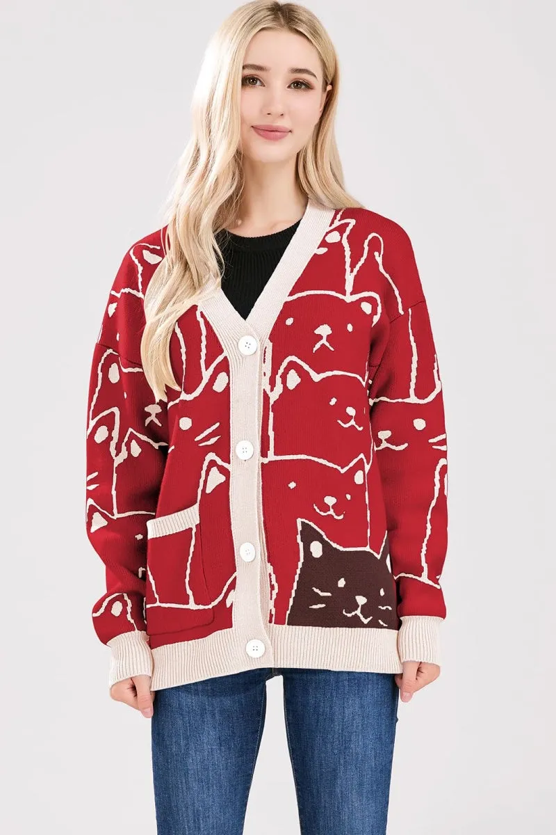 Chouyatou Women's Kawaii Cartoon Cat Cardigan Japanese Aesthetic Button Down Jacquard Knit Sweater Coat