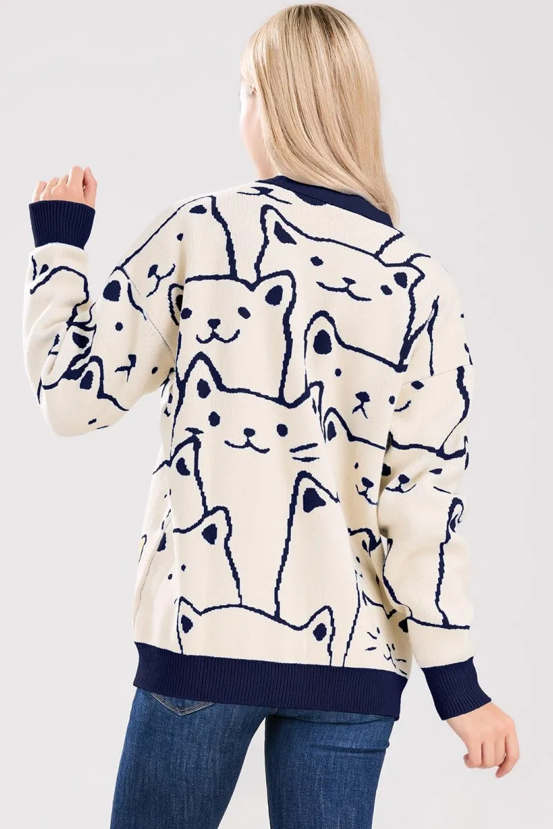 Chouyatou Women's Kawaii Cartoon Cat Cardigan Japanese Aesthetic Button Down Jacquard Knit Sweater Coat