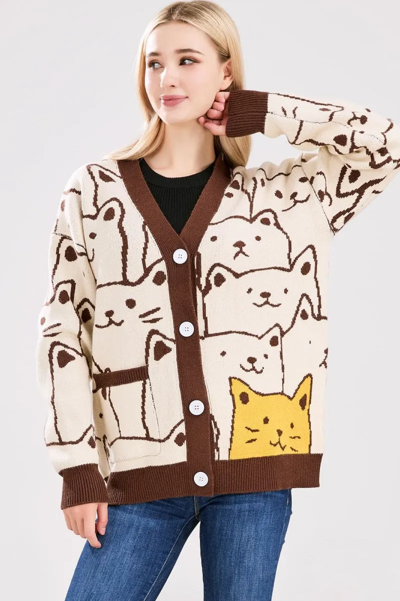 Chouyatou Women's Kawaii Cartoon Cat Cardigan Japanese Aesthetic Button Down Jacquard Knit Sweater Coat