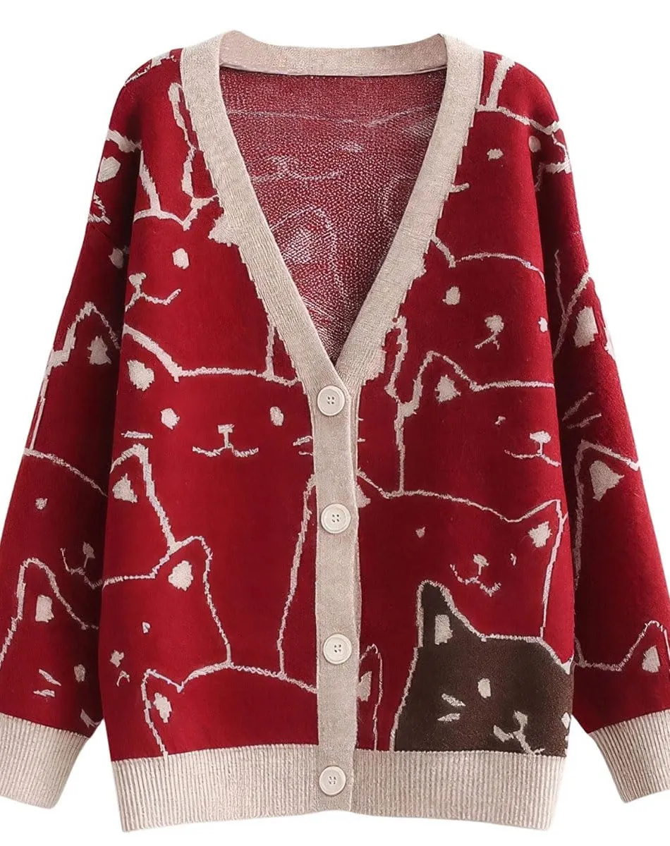 Chouyatou Women's Kawaii Cartoon Cat Cardigan Japanese Aesthetic Button Down Jacquard Knit Sweater Coat