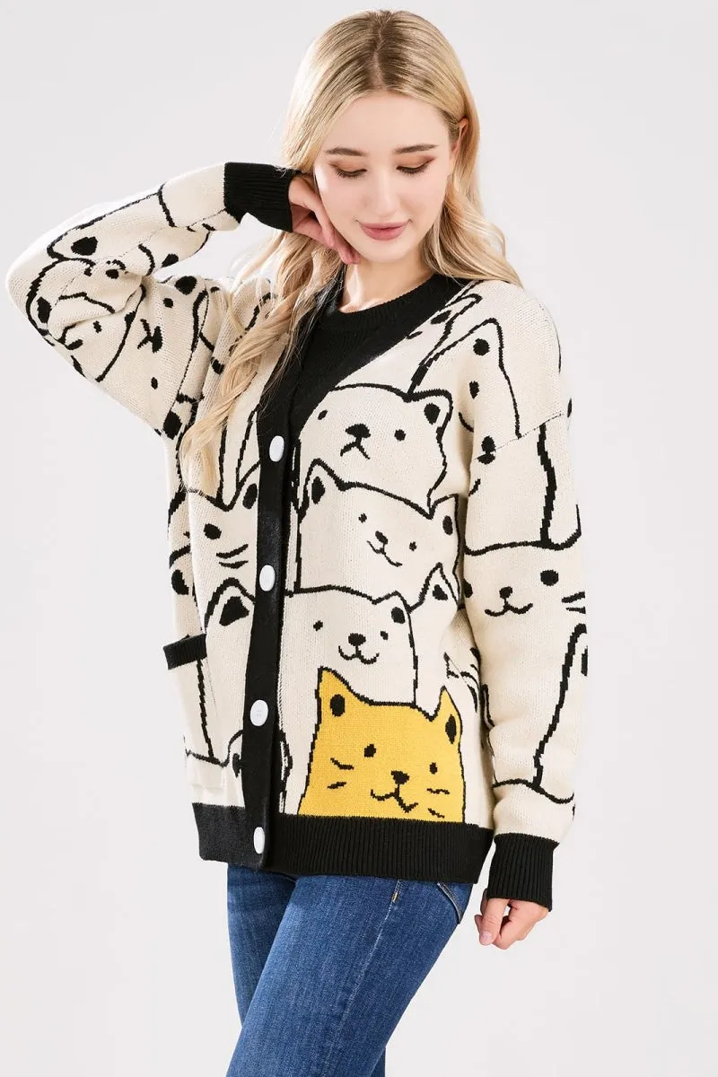Chouyatou Women's Kawaii Cartoon Cat Cardigan Japanese Aesthetic Button Down Jacquard Knit Sweater Coat