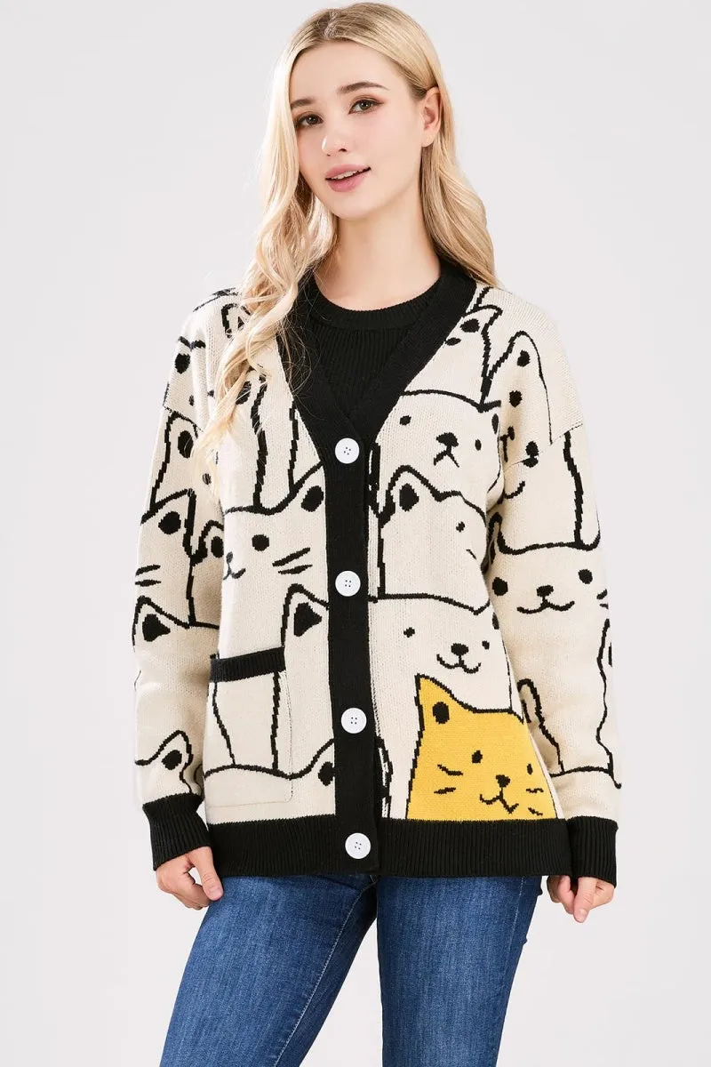 Chouyatou Women's Kawaii Cartoon Cat Cardigan Japanese Aesthetic Button Down Jacquard Knit Sweater Coat