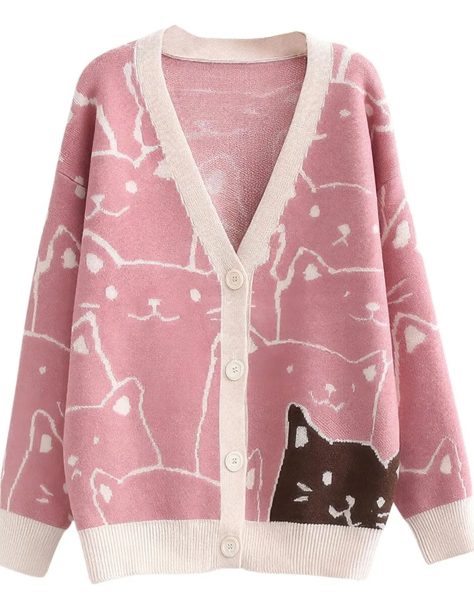 Chouyatou Women's Kawaii Cartoon Cat Cardigan Japanese Aesthetic Button Down Jacquard Knit Sweater Coat
