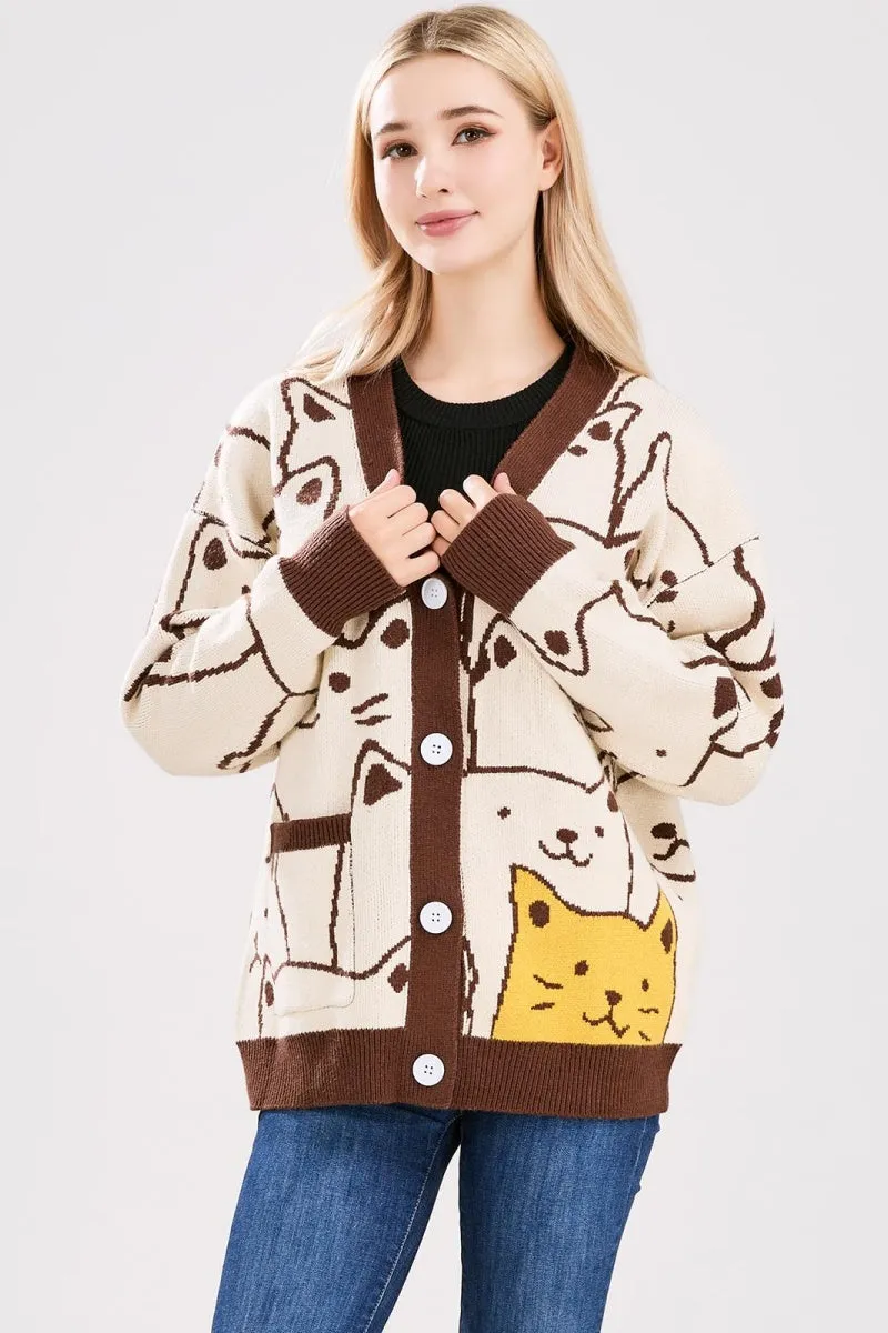 Chouyatou Women's Kawaii Cartoon Cat Cardigan Japanese Aesthetic Button Down Jacquard Knit Sweater Coat
