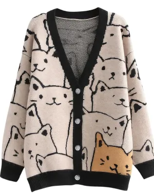Chouyatou Women's Kawaii Cartoon Cat Cardigan Japanese Aesthetic Button Down Jacquard Knit Sweater Coat