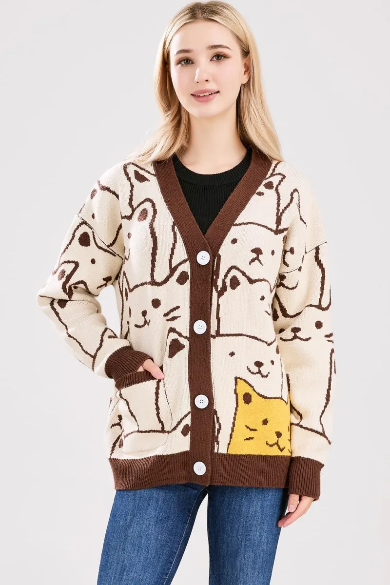 Chouyatou Women's Kawaii Cartoon Cat Cardigan Japanese Aesthetic Button Down Jacquard Knit Sweater Coat