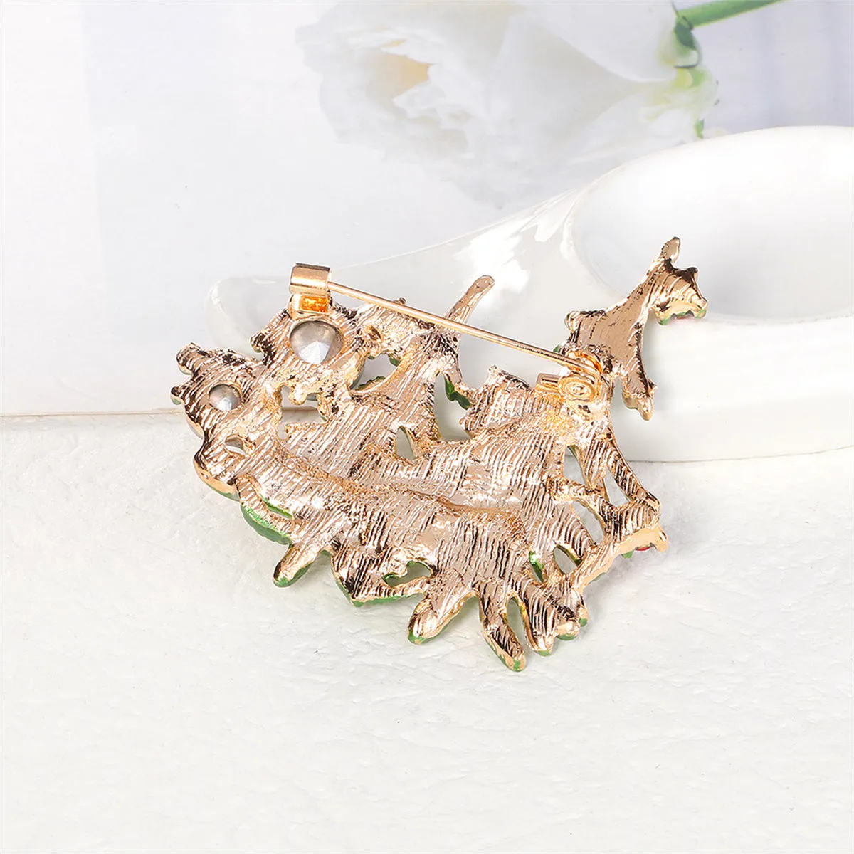 Clear Cubic Zirconia & Green Enamel Christmas Tree Brooch