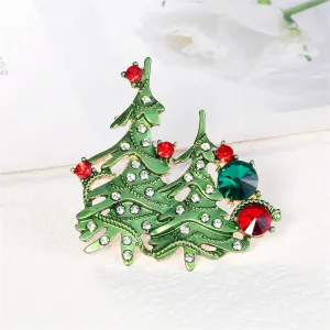 Clear Cubic Zirconia & Green Enamel Christmas Tree Brooch