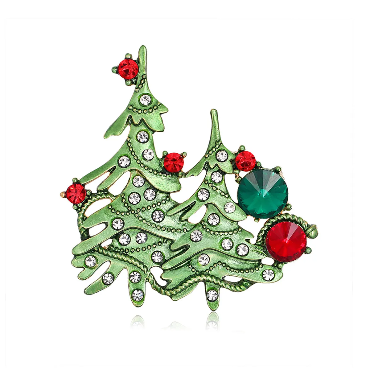 Clear Cubic Zirconia & Green Enamel Christmas Tree Brooch