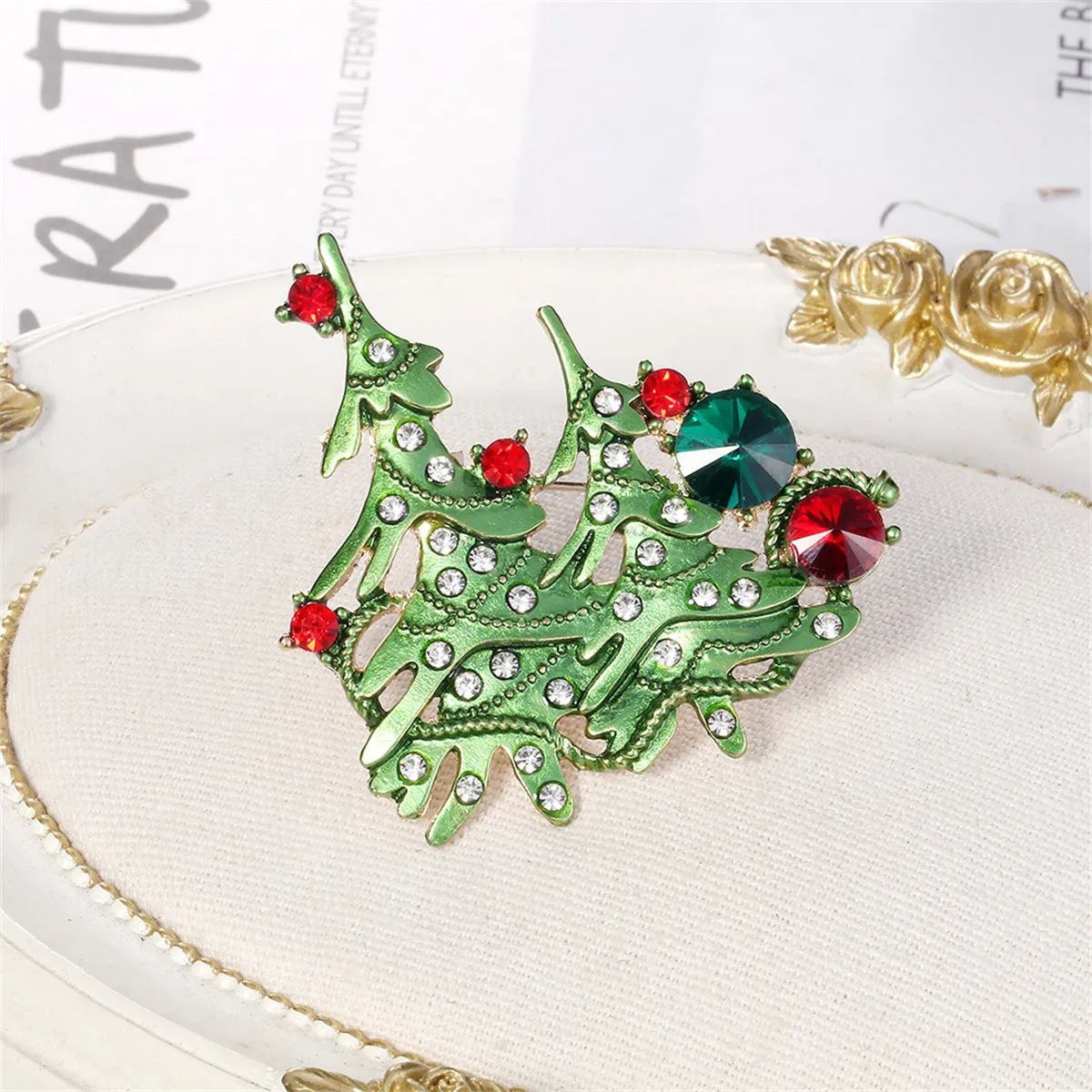 Clear Cubic Zirconia & Green Enamel Christmas Tree Brooch