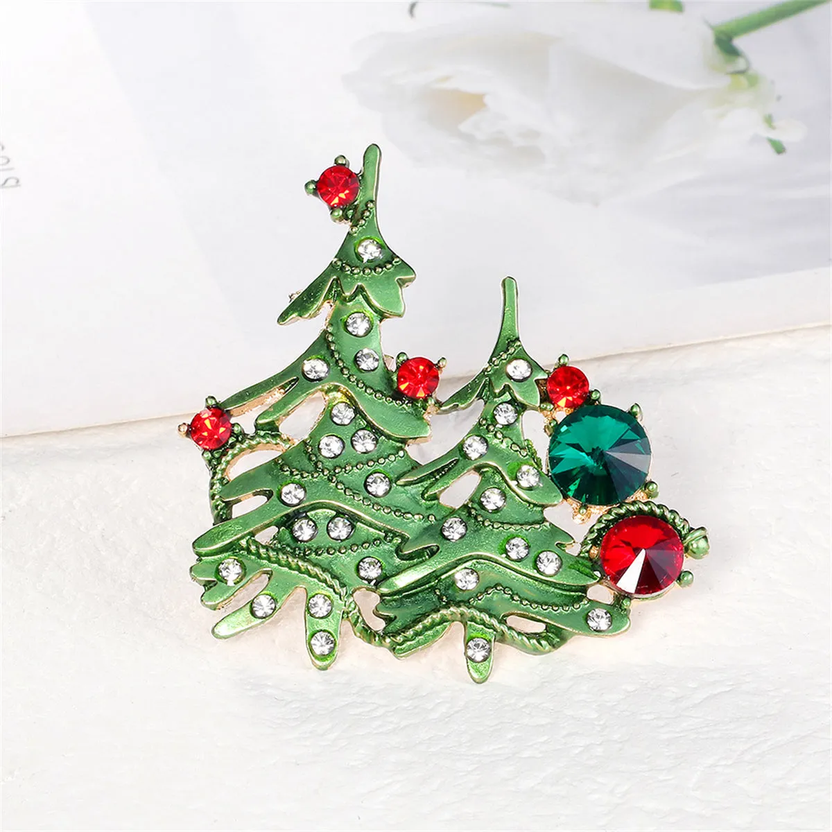 Clear Cubic Zirconia & Green Enamel Christmas Tree Brooch