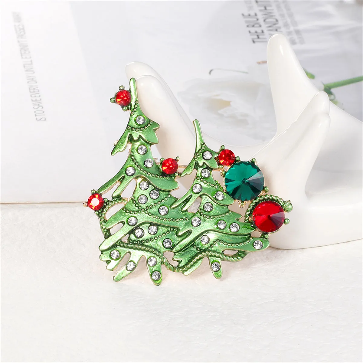 Clear Cubic Zirconia & Green Enamel Christmas Tree Brooch