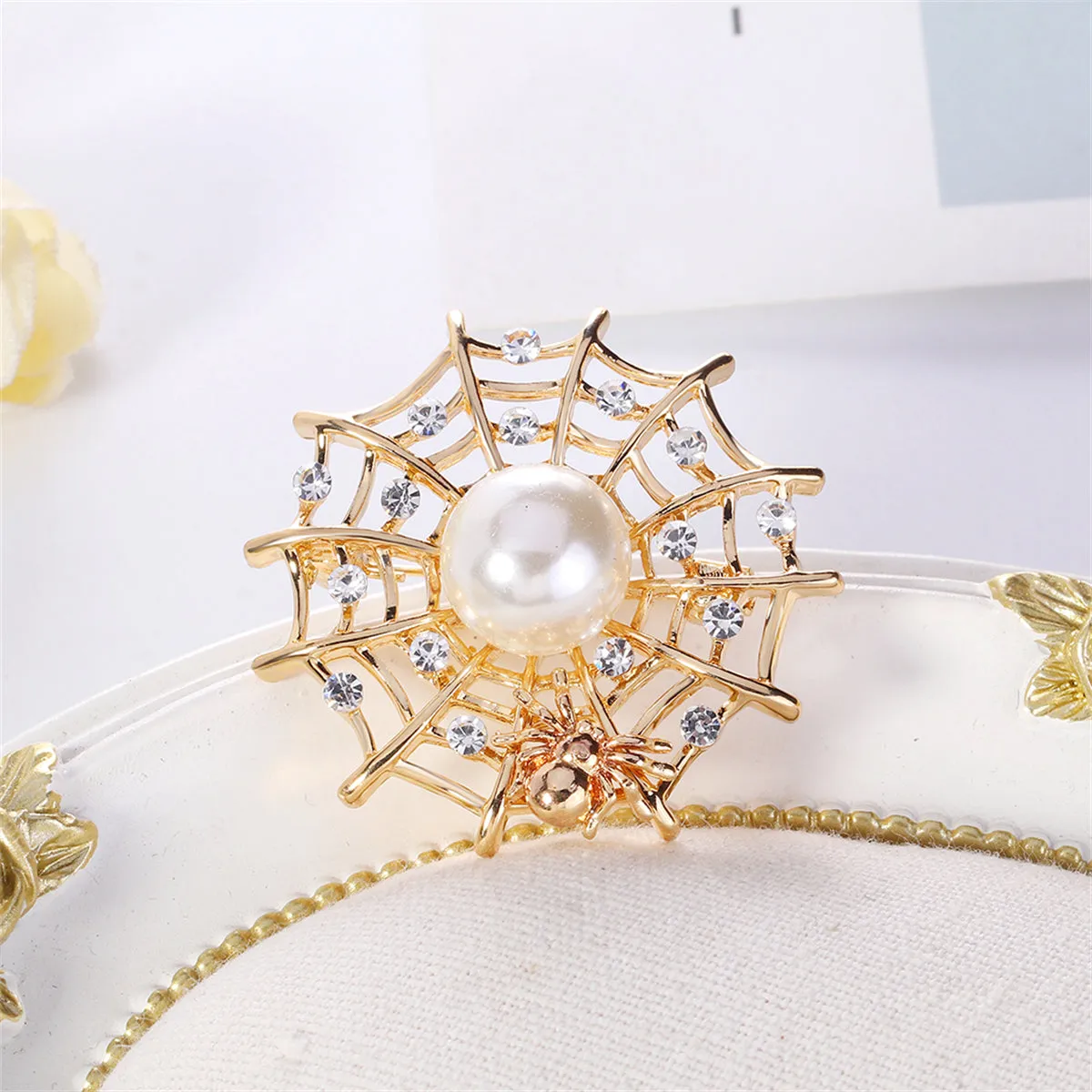 Clear Cubic Zirconia & Pearl 18K Gold-Plated Spider Web Brooch
