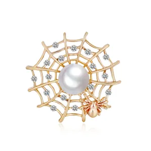 Clear Cubic Zirconia & Pearl 18K Gold-Plated Spider Web Brooch