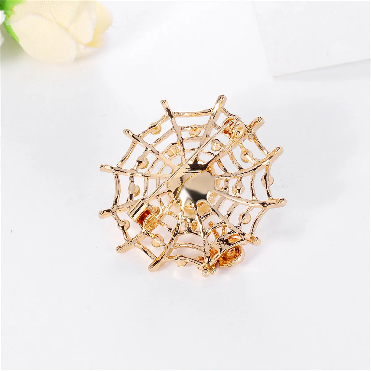 Clear Cubic Zirconia & Pearl 18K Gold-Plated Spider Web Brooch
