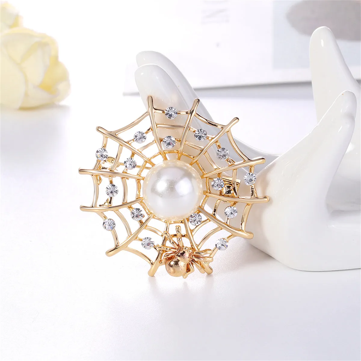 Clear Cubic Zirconia & Pearl 18K Gold-Plated Spider Web Brooch