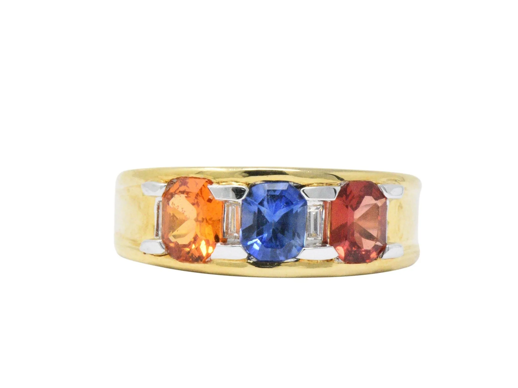 Contemporary 1.80 CTW Tri-Color Sapphire Diamond 18 Karat Gold Unisex Ring