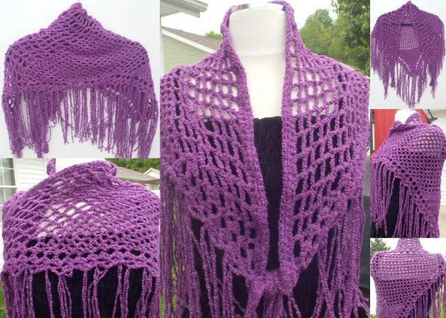 Crochet purple cotton pima shawl, handmade shawl, boho chic, The summer grapes shawl