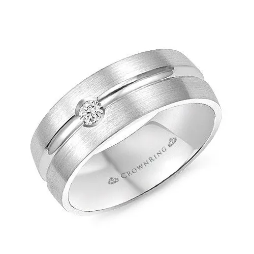 Crown Ring (8mm) 10K White Gold Mens Diamond Band with Ridge (0.10ct)