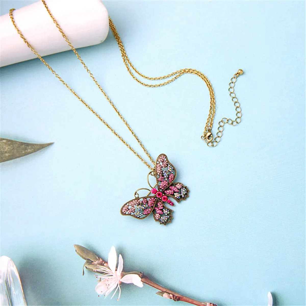Cubic Zirconia & 18K Gold-Plated Butterfly Pendant Necklace