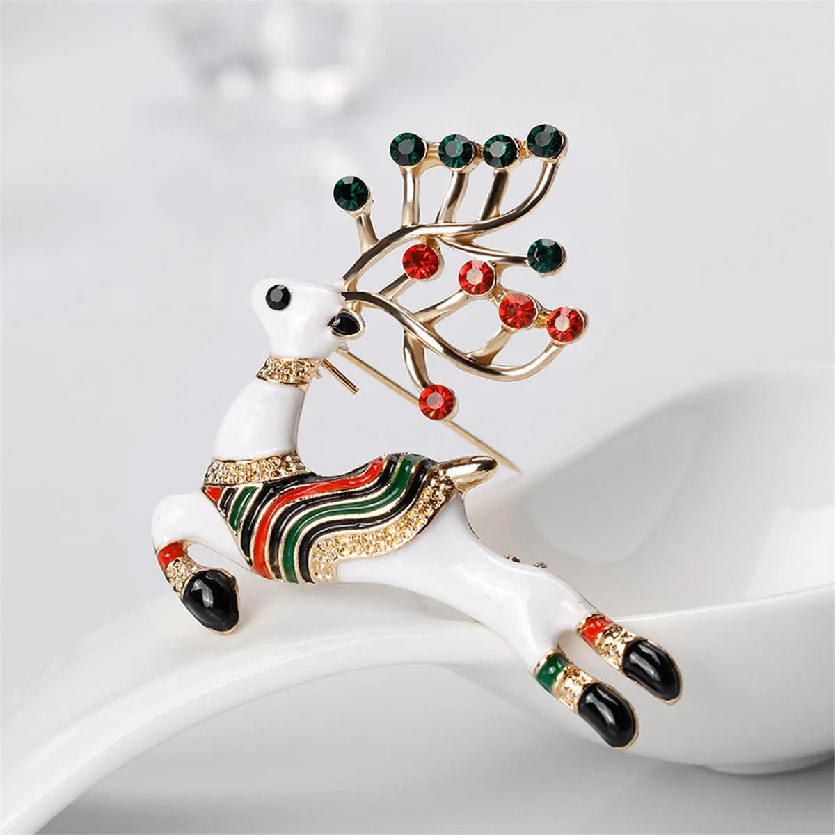 Cubic Zirconia & 18K Gold-Plated Jumping Reindeer Brooch