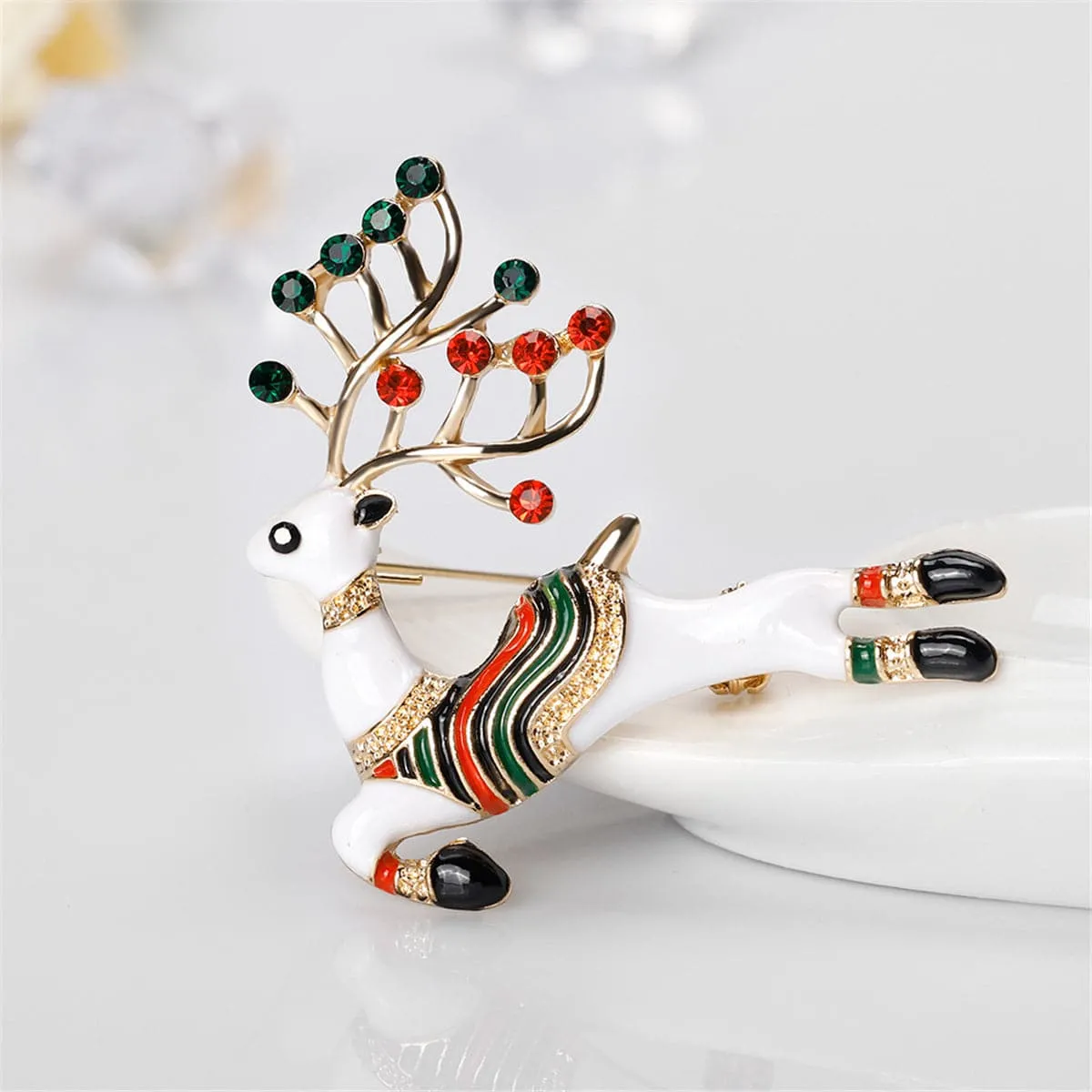 Cubic Zirconia & 18K Gold-Plated Jumping Reindeer Brooch