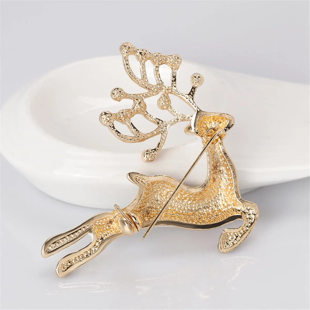 Cubic Zirconia & 18K Gold-Plated Jumping Reindeer Brooch