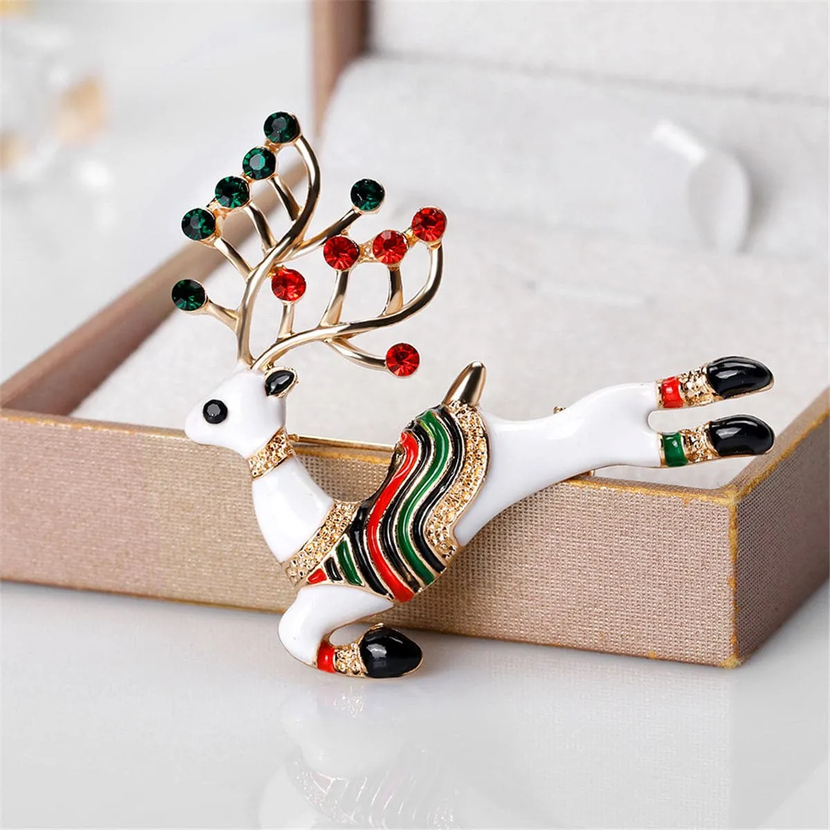 Cubic Zirconia & 18K Gold-Plated Jumping Reindeer Brooch