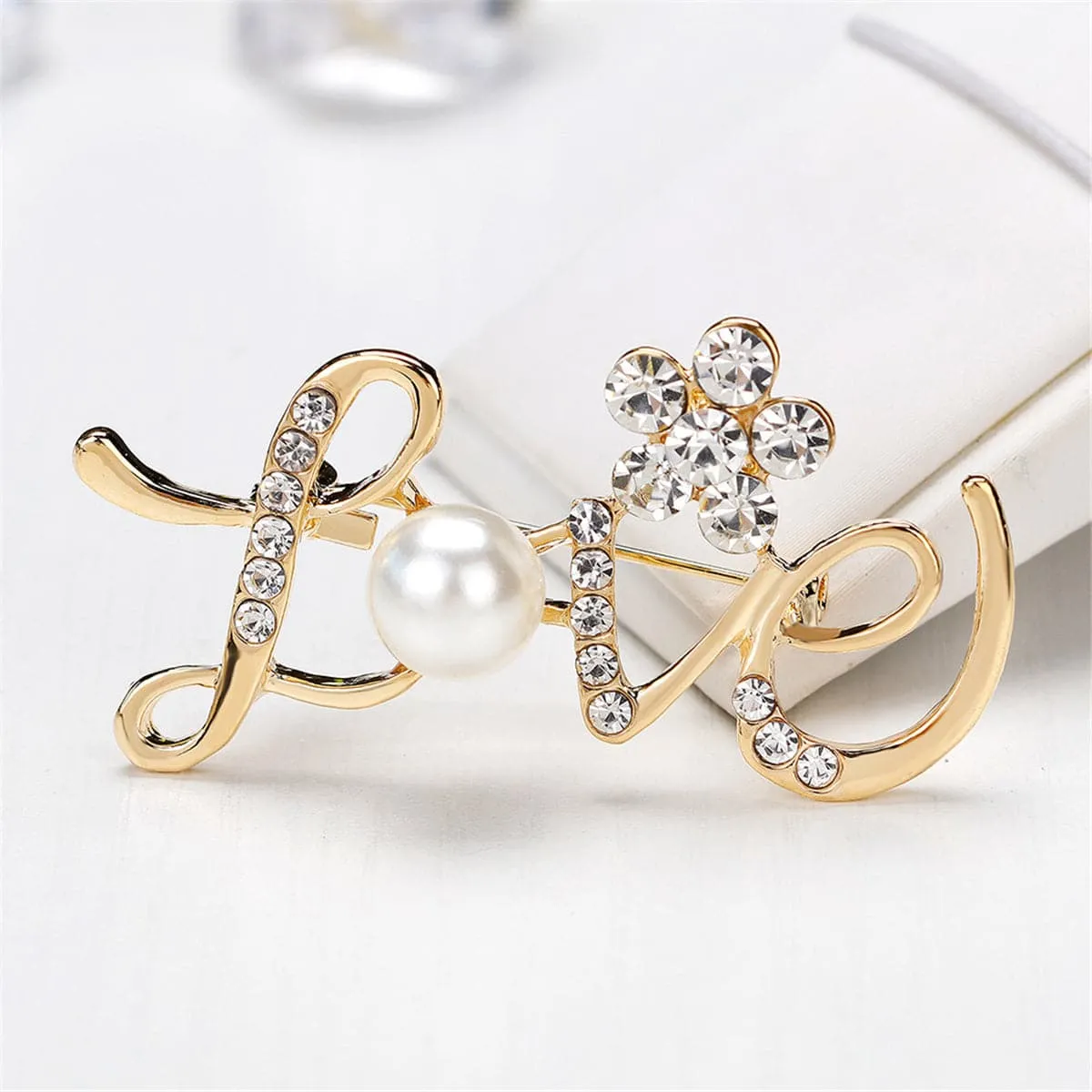 Cubic Zirconia & 18k Gold-Plated 'Love' Brooch