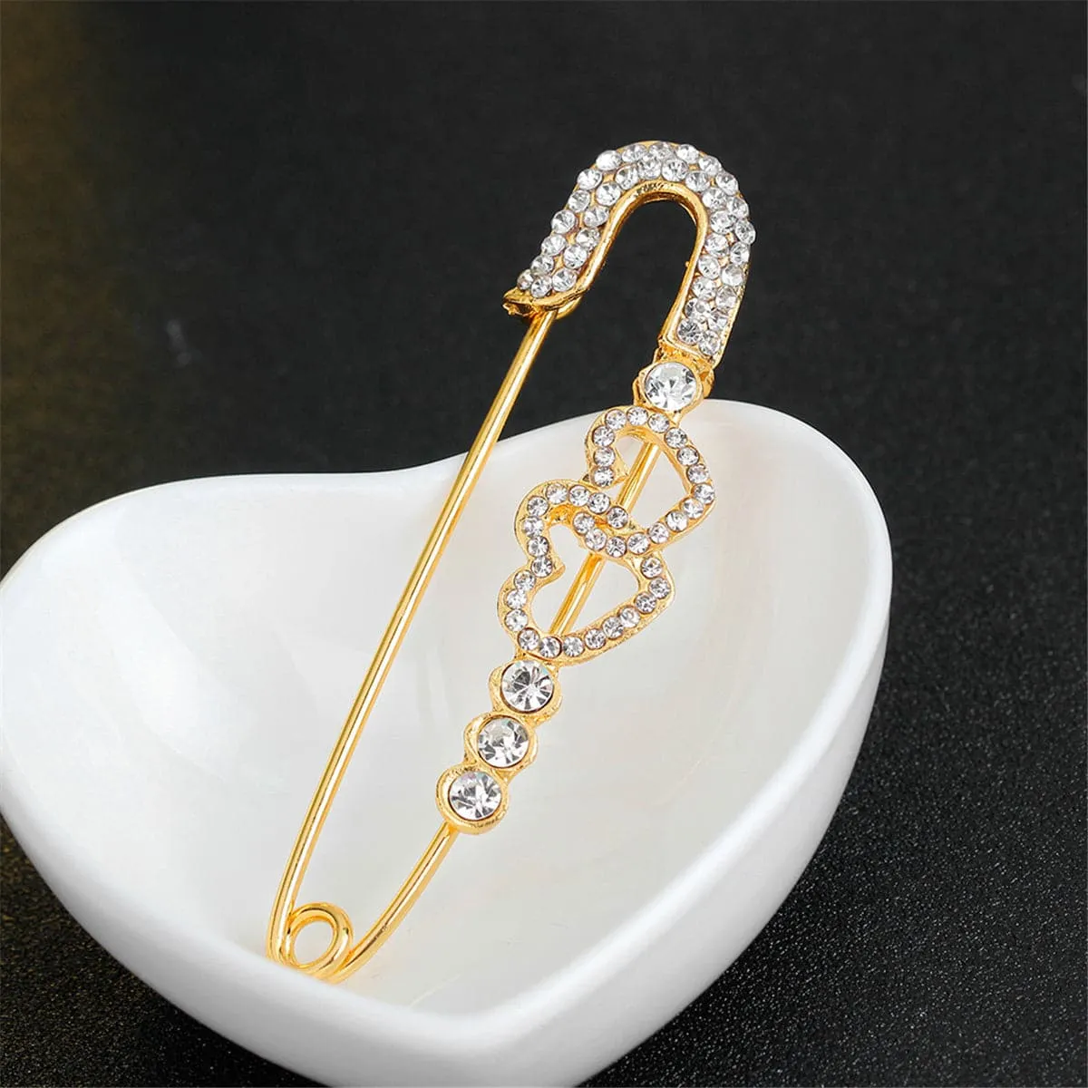 Cubic Zirconia & 18K Gold-Plated Open Heart Pin Brooch