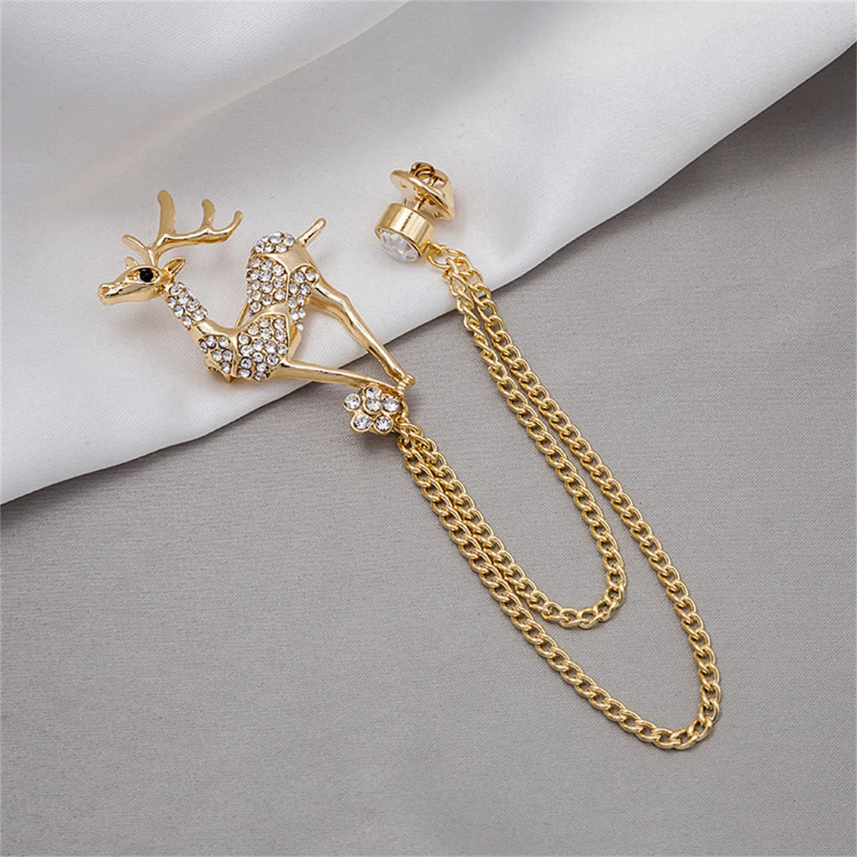 Cubic Zirconia & 18K Gold-Plated Reindeer Chain Brooch