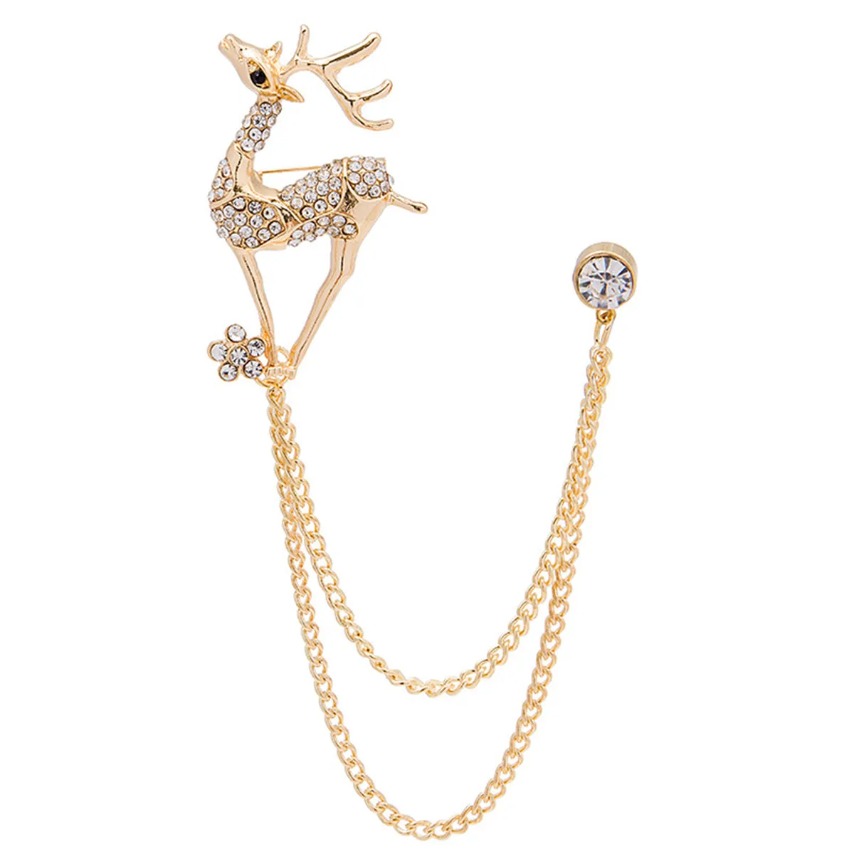 Cubic Zirconia & 18K Gold-Plated Reindeer Chain Brooch