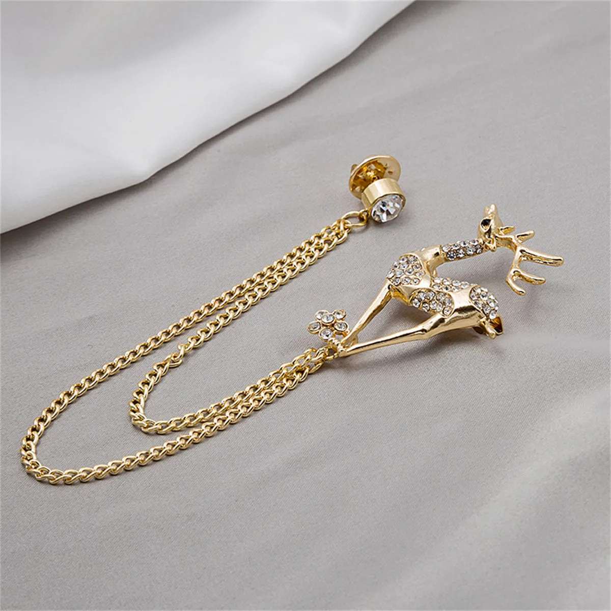 Cubic Zirconia & 18K Gold-Plated Reindeer Chain Brooch
