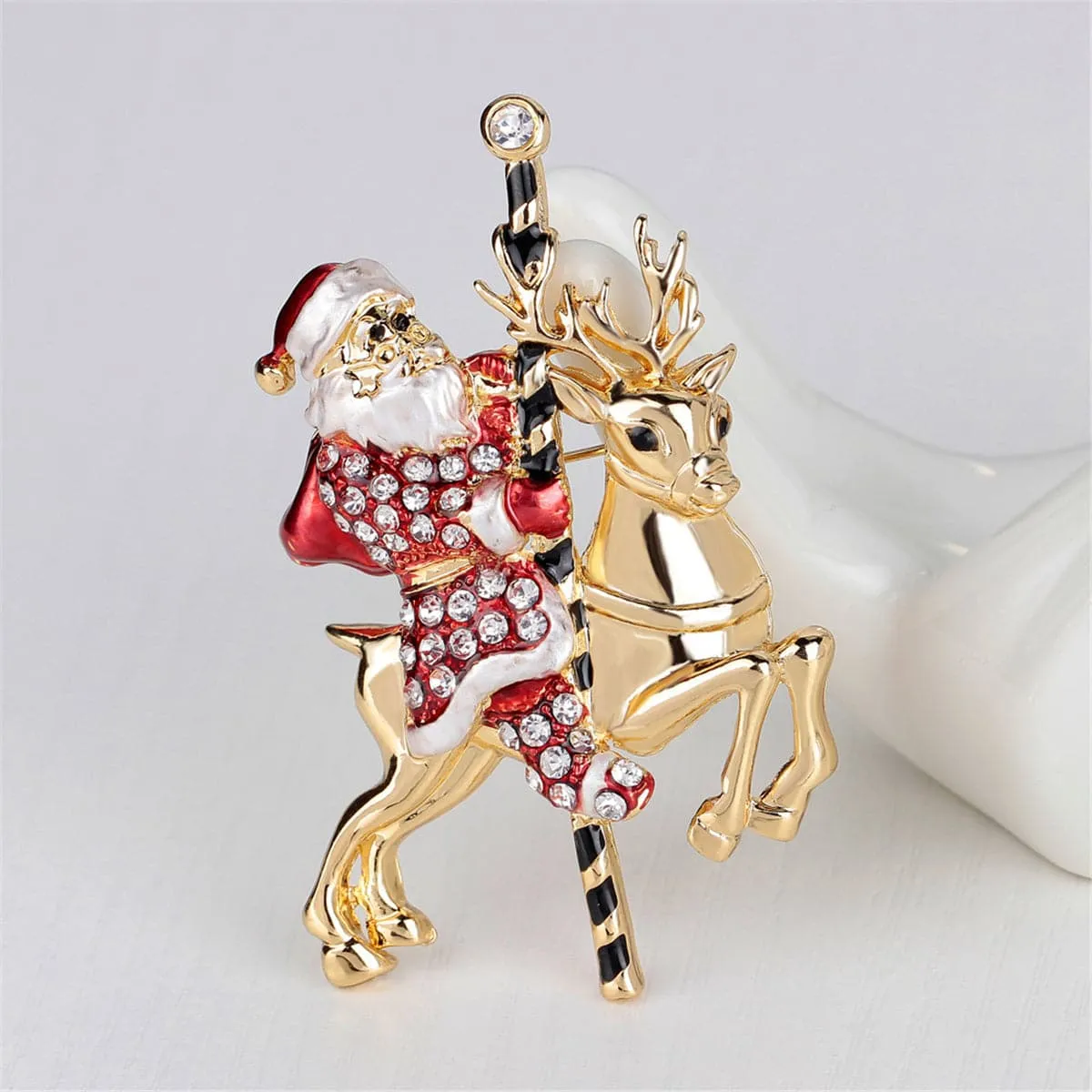 Cubic Zirconia & 18K Gold-Plated Santa Claus & Reindeer Brooch