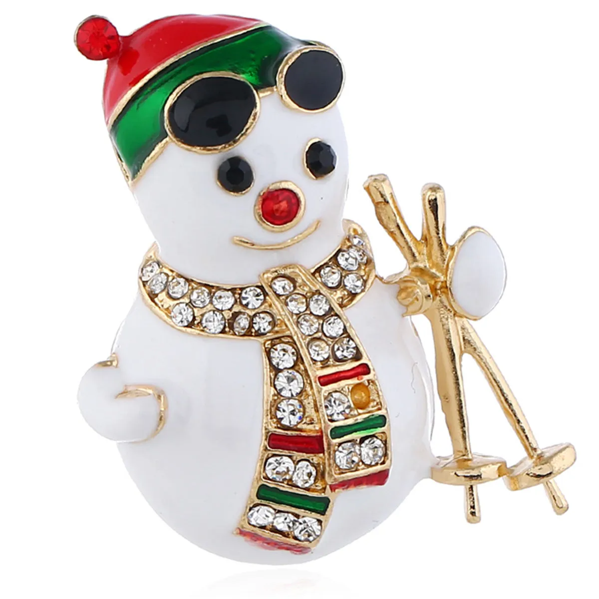 Cubic Zirconia & 18K Gold-Plated Skiing Snowman Brooch