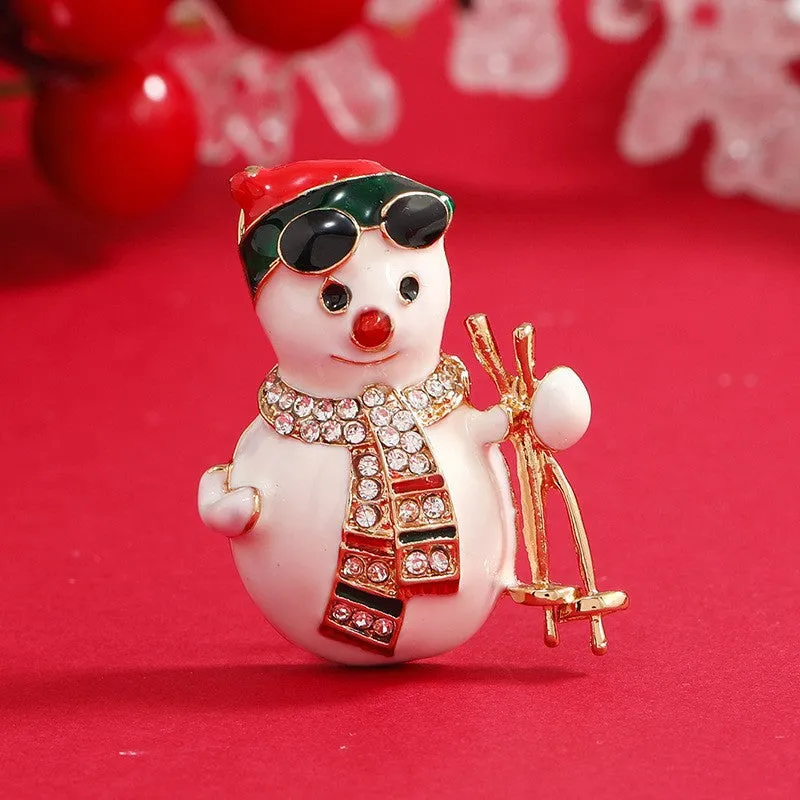 Cubic Zirconia & 18K Gold-Plated Skiing Snowman Brooch