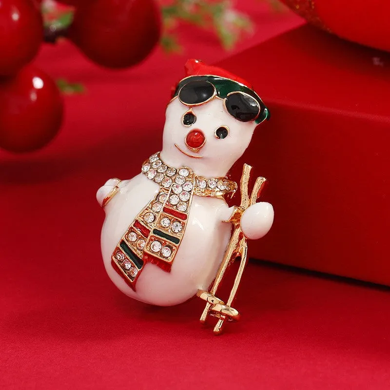 Cubic Zirconia & 18K Gold-Plated Skiing Snowman Brooch