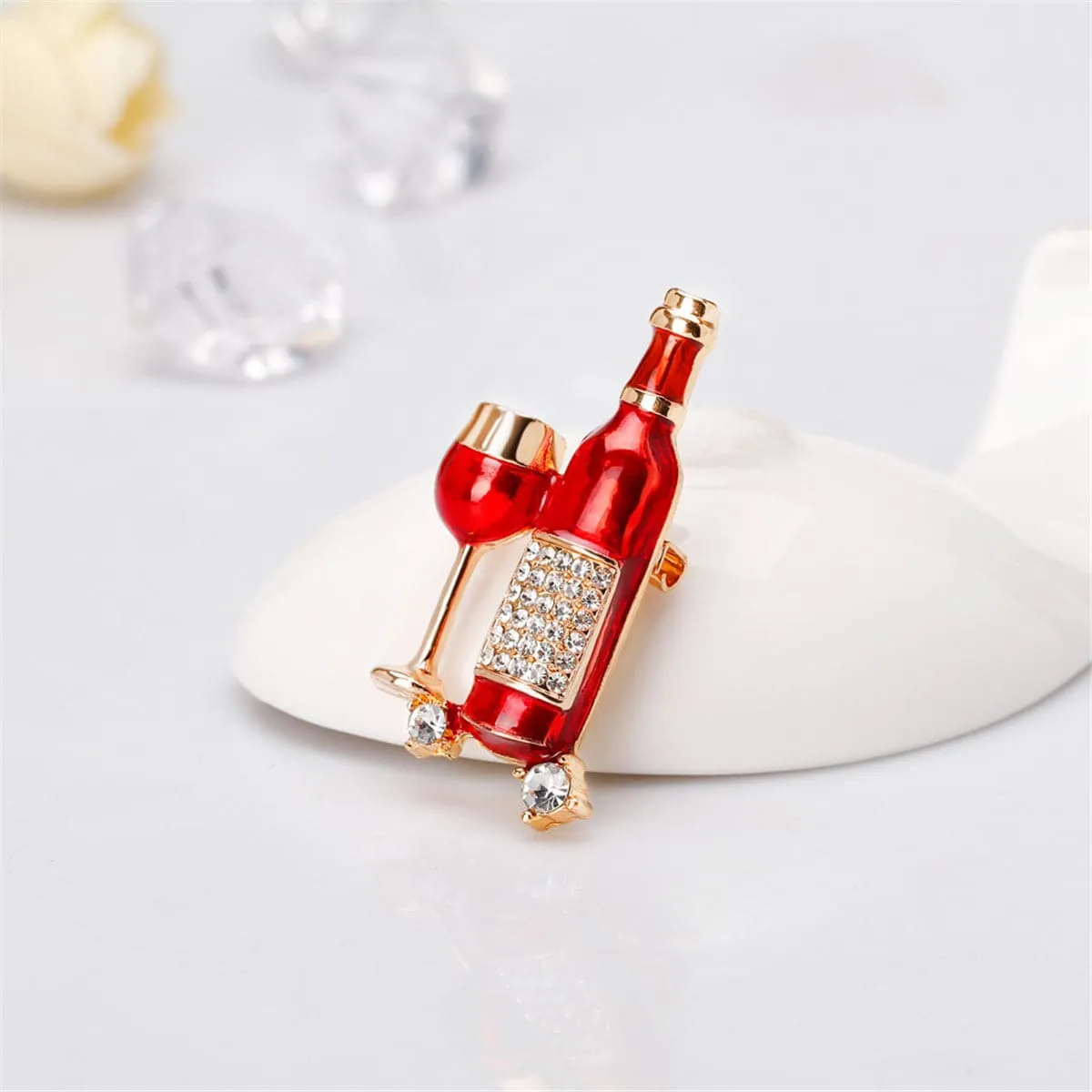 Cubic Zirconia & 18K Gold-Plated Wine Brooch
