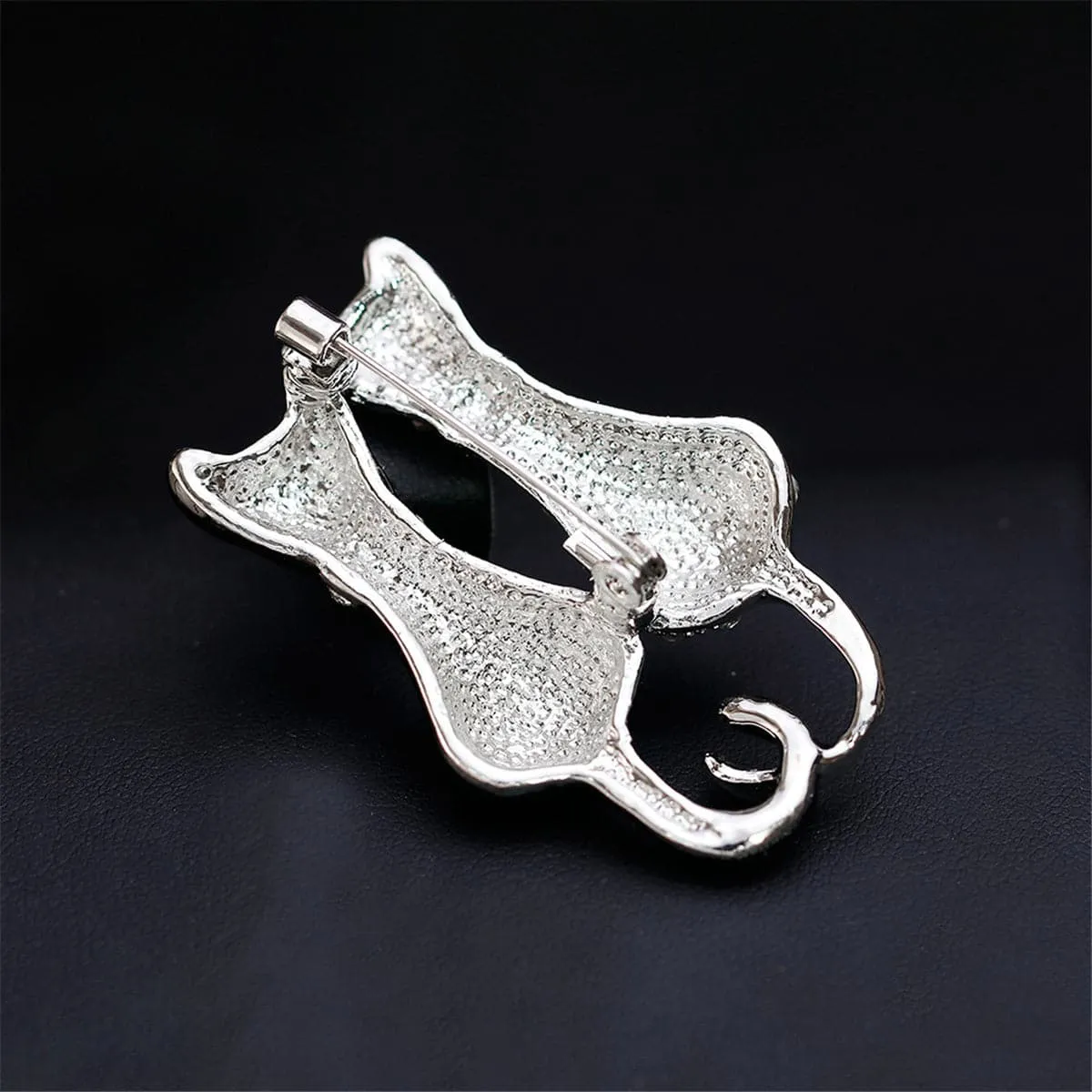 Cubic Zirconia & Black Kitty Brooch