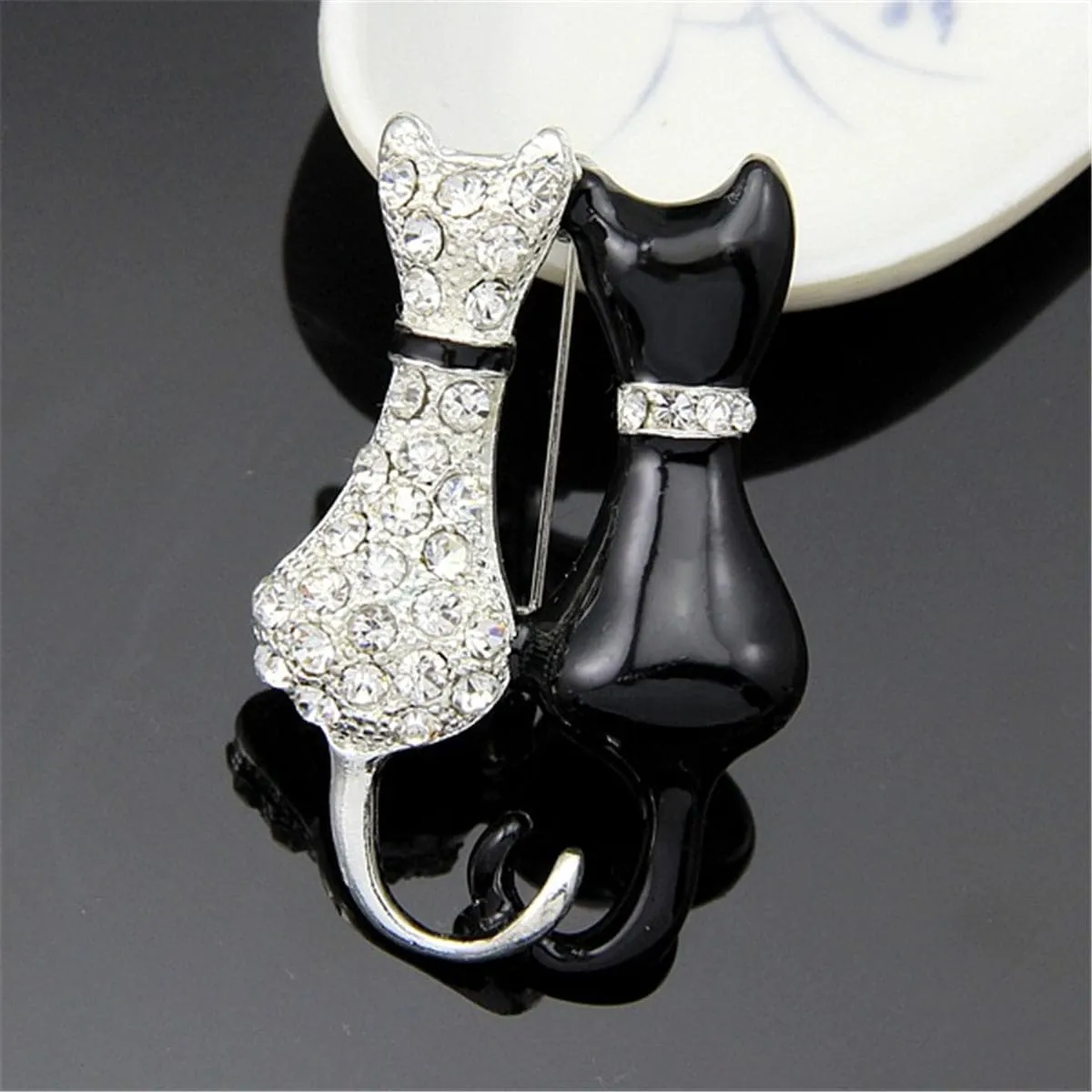 Cubic Zirconia & Black Kitty Brooch