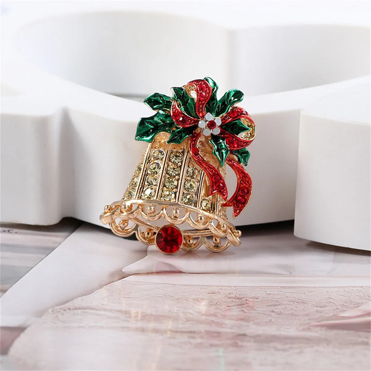 Cubic Zirconia & Enamel 18K Gold-Plated Christmas Bow Bell Brooch