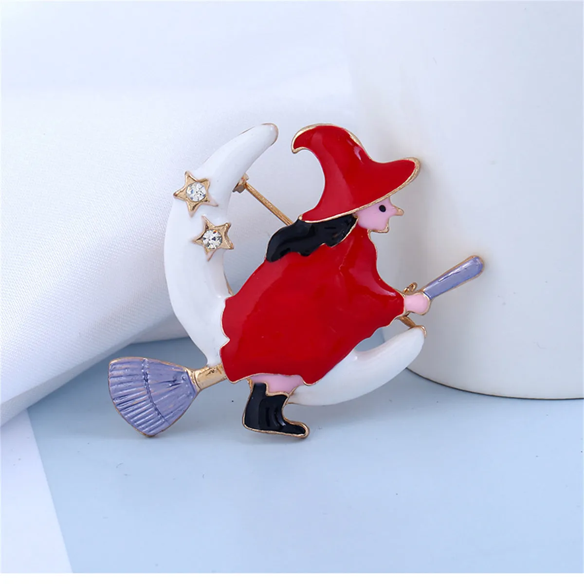 Cubic Zirconia & Enamel 18K Gold-Plated Flying Witch Brooch